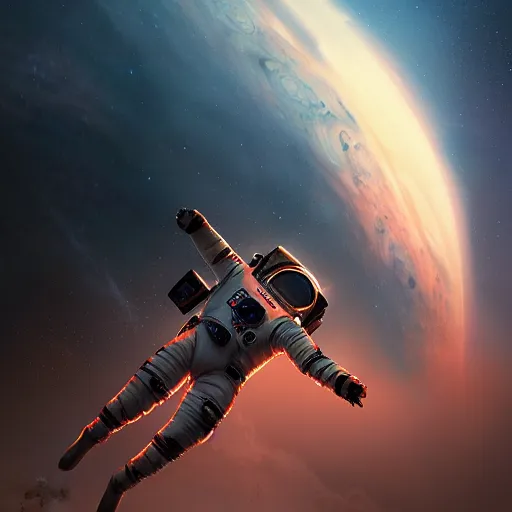 Image similar to 2 0 3 0 astronaut burning up while dropping through the majestic clouds of jupiter, by cedric peyravernay, highly detailed, excellent composition, cinematic concept art, dramatic lighting, trending on artstation