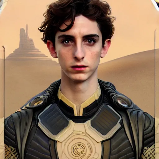 Image similar to a portrait of paul atreides from dune cinematic lighting, photorealistic, octane render, 8 k, depth of field, 3 d, art by artgerm and greg rutkowski and alphonse mucha and uang guangjian and gil elvgren and sachin ten, paul looks like timothee chalamet but older