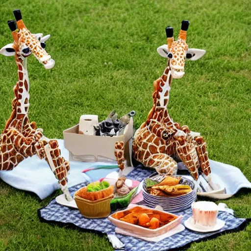 Image similar to robot - giraffes, having a picnic