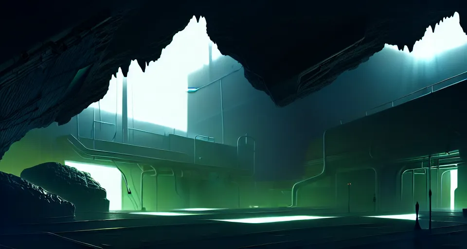 Prompt: futuristic factory in a dark cave, black rocks, dramatic light, intricate, highly detailed, digital painting, volumetric light, artstation, concept art, sharp focus