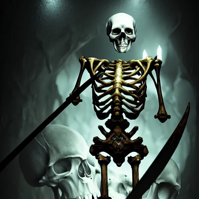 Prompt: photo of a skeletal pirate ghost head and torso, holding a sword and standing in a grotto, photorealistic, dark, atmospheric lighting, painted, intricate, ultra detailed, well composed, best on artstation, cgsociety, epic, stunning, gorgeous, intricate detail, wow, masterpiece