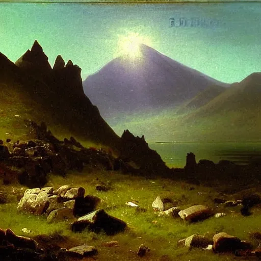 Image similar to painting of the mountains of mourne in ireland by albert bierstadt