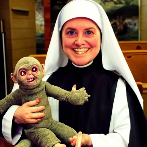 Prompt: a nun in church holding chucky the demonic killer doll on her lap