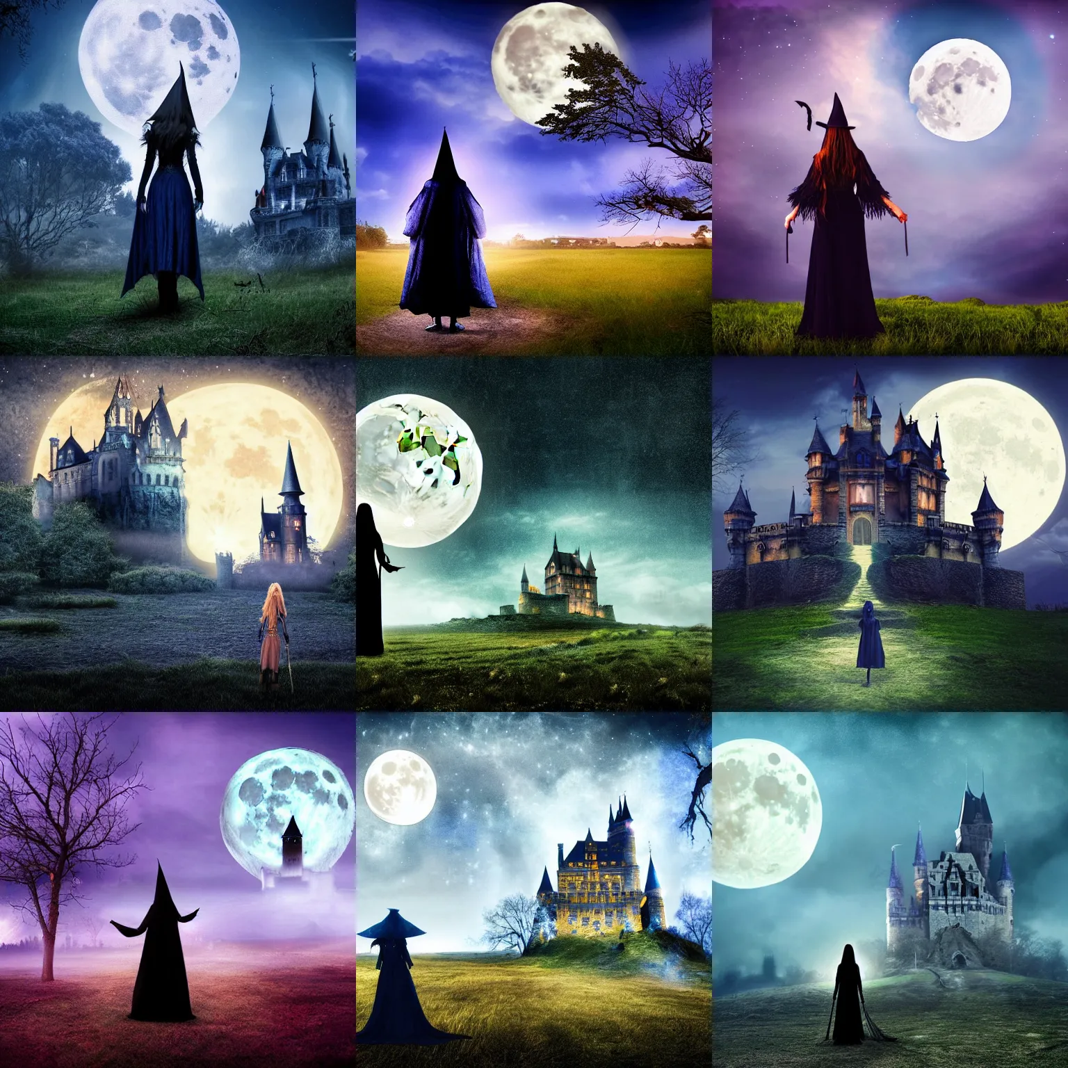 Prompt: a witch is standing on the foreground, in the background is a castle in front of the full big moon, realistic digital wallpaper, fantasy photo manipulation, blue colors, cinematic lighting