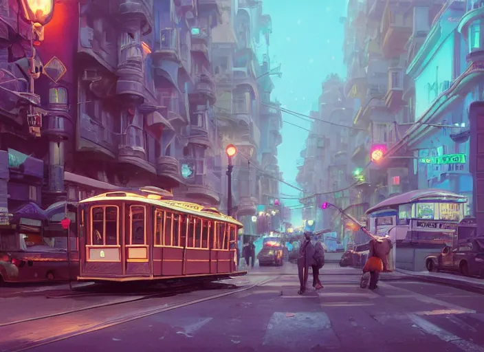 Image similar to a cable car is flying on the street of san francisco, unreal engine, fantasy art by greg, loish, rhads, ferdinand knab, tom bagshaw, makoto shinkai and lois van baarle, rossdraws, ilya kuvshinov, night lighting, trending on studio ghibli, highly detailed, 8 k, octane render