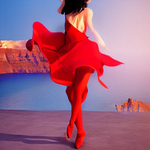 Image similar to beautiful modern dancer wearing a red and yellow and blue swirling dress, standing on a Santorini terrace looking down at the ocean, artstation, cinematic, unreal 5, DAZ, hyperrealistic, octane render, dynamic lighting