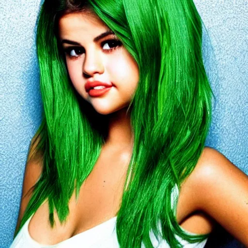 Prompt: selena gomez with celery body, celery hands, celery hair