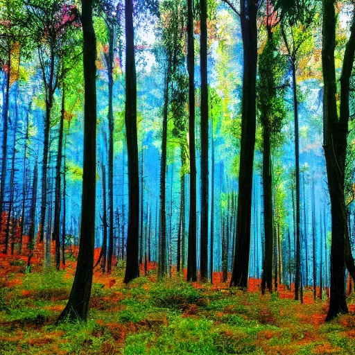 Image similar to A forest landscape with different hues of blue and green and orange