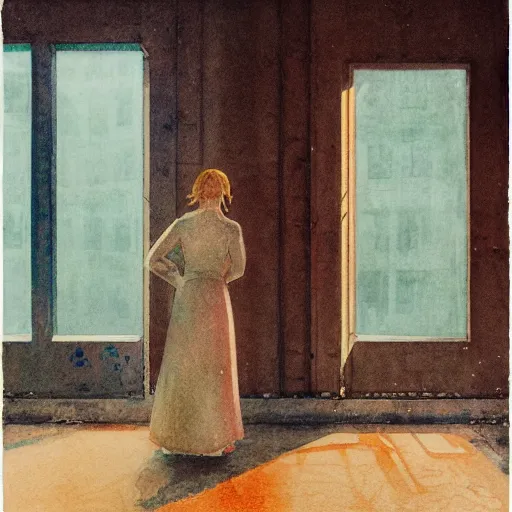 Image similar to close up of a girl in a soviet liminal abandoned building, watercolor by victo ngai, by hammershøi, art noveau, highly detailed, lights by edward hopper, liminal, eerie, bright pastel colors