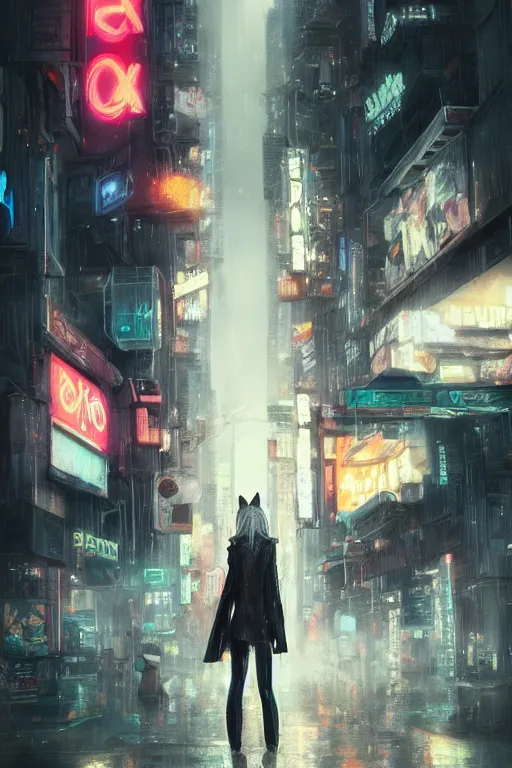 Image similar to beautiful portrait of a tall white female anthro fox smoking a cigarette towering head and shoulders above the bustling crowd of a rainy city street around her, cyberpunk, harsh neon lights, highly detailed, sharp focus, digital painting, illustration, trending on artstation, art by sakimichan, wlop, greg rutkowski