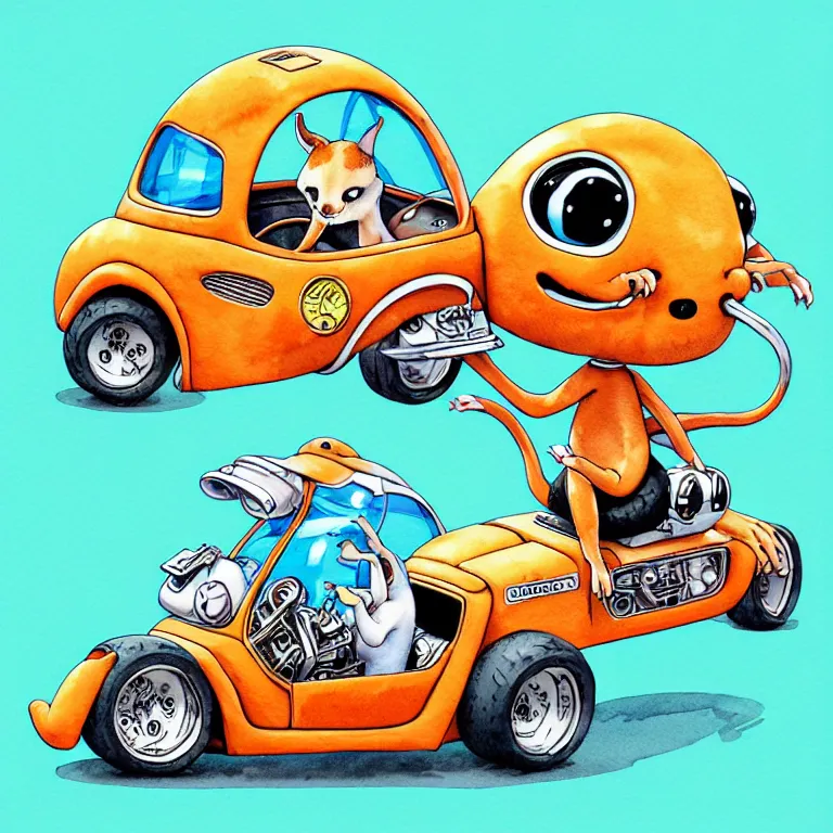 Image similar to cute and funny, kangaroo wearing a helmet riding in a hot rod with oversized engine, ratfink style by ed roth, centered award winning watercolor pen illustration, isometric illustration by chihiro iwasaki, edited by range murata, tiny details by artgerm and watercolor girl, symmetrically isometrically centered, sharply focused