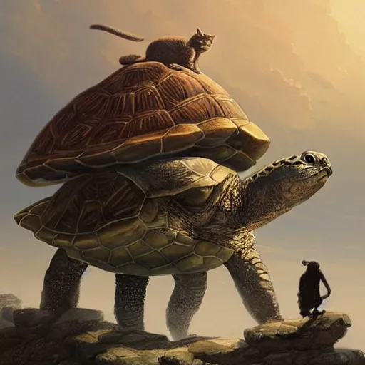 Prompt: The tallest mountain was topped by a cat riding a gigantic turtle, and there was another cat riding a large turtle atop the mountain. By Greg Rutkowski