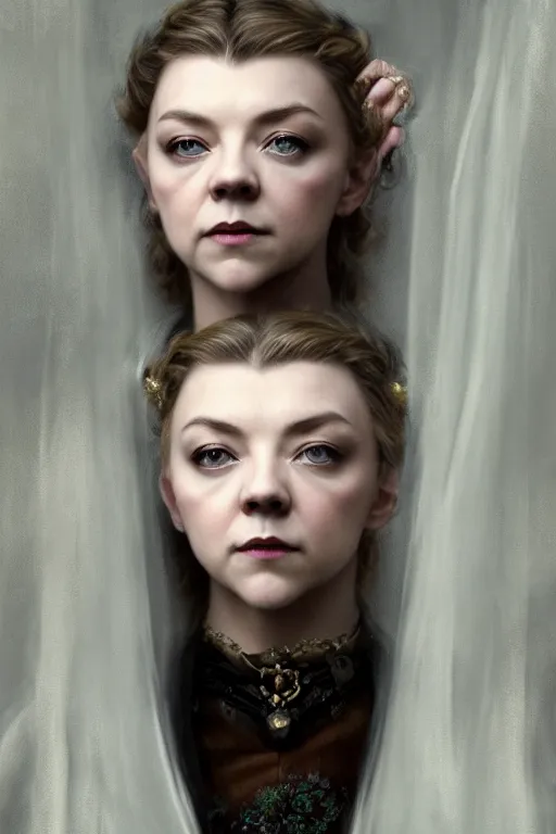 Image similar to a portrait of Natalie Dormer as an elegant beautiful dark bohemian vampire woman, bored, illustration, dramatic lighting, soft details, painting oil on canvas, art nouveau, octane render, HDR, 4k, 8k, HD, by Edmund Blair Leighton, Brom, Charlie Bowater, trending on artstation, faces by Tom Bagshaw, Sargent