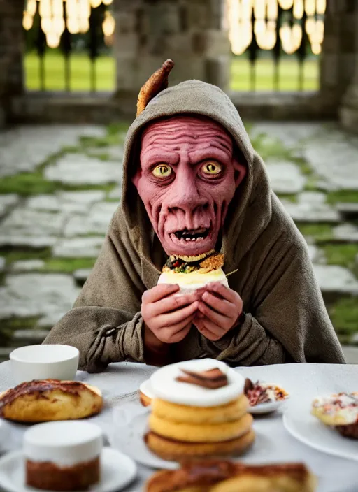 Image similar to closeup portrait of a medieval goblin eating cakes in the cloisters, depth of field, zeiss lens, detailed, symmetrical, centered, fashion photoshoot, by Annie Leibovitz and Steve McCurry, David Lazar, Jimmy Nelsson, Breathtaking, 8k resolution, extremely detailed, beautiful, establishing shot, artistic, hyperrealistic, beautiful face, octane render