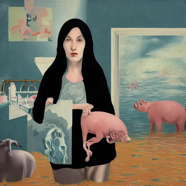 Image similar to tall female emo artist holding a pig in her flooded bathroom, water gushing from ceiling, painting of flood waters inside an artist's bathroom, a river flooding indoors, pomegranates, pigs, ikebana, zen, water, octopus, river, rapids, waterfall, black swans, canoe, berries, acrylic on canvas, surrealist, by magritte and monet