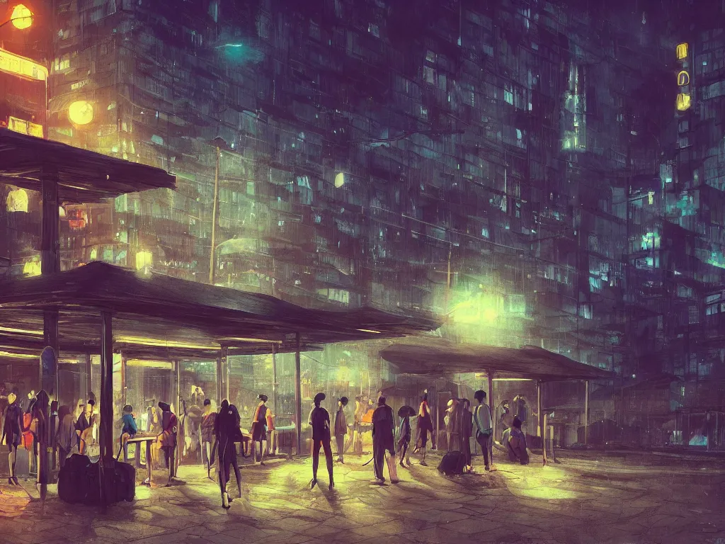 Prompt: few people waiting in a bus stop in dark city night, high quality, detailed, high resolution, in the style of vivid 80s anime indonesian architecture and landscape by makoto shinkai, beautiful, gorgeous, dramatic lighting, rule of thirds, perfect composition, trending on ArtStation, 8k