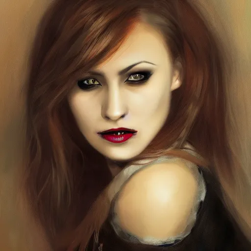 Image similar to a realistic head and shoulder professional portrait of a female vampire, painted, interesting color use, vampire fashion, highly detailed, melancholy, vampire teeth