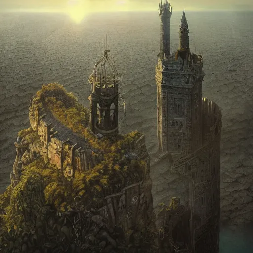 Image similar to an ultra detailed matte painting of a lonely and impossibly tall ominous dark tower elevated high above the city, on an isolated plateau island in a river elevated high above the city fortress tower, fantasy capital city, ultrawide lense, aerial photography, volumetric lighting, exquisite detail, 8 k, art by m. c. escher and greg rutkowski and alphonse mucha