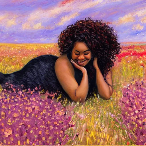 Image similar to pregnant black woman with curly hair in a vast field of flowers, laying down, a tiny black puppy running around, golden hour, vintage, impressionist painting, fine art, oil painting, dreamy, pastel, laughing, happy, intricate details, sharp, peaceful, serene