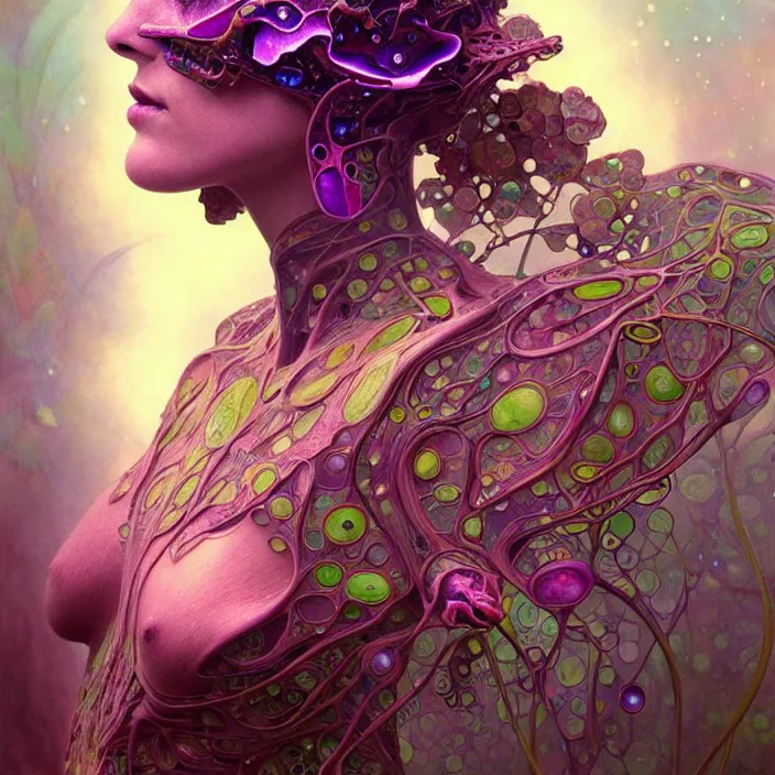 Image similar to psychedelic organic cyborg, saturated orchid, dew drops, diffuse lighting, fantasy, intricate, elegant, highly detailed, lifelike, photorealistic, digital painting, artstation, illustration, concept art, smooth, sharp focus, art by John Collier and Albert Aublet and Krenz Cushart and Artem Demura and Alphonse Mucha