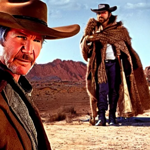 Image similar to harrison ford as the man with no name from the good the bad and the ugly ( higly detailed, still shot, cinematic, photo realistic, great quality )