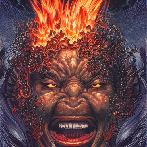 Image similar to portrait of crazy balrog with fire, symmetrical, by yoichi hatakenaka, masamune shirow, josan gonzales and dan mumford, ayami kojima, takato yamamoto, barclay shaw, karol bak, yukito kishiro