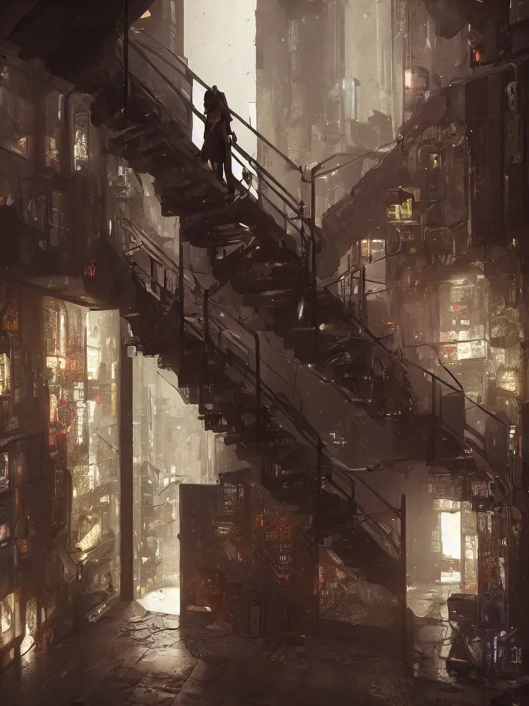 Image similar to a cellar staircase, cyberpunk style, digital painting, concept art, smooth, sharp focus, hyperrealistic, illustration, artstation trending, octane render, unreal engine, ambient light, dynamic lighting, magical, dark vibes, Cyberpunk 2077