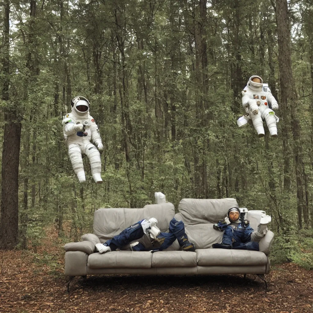 Image similar to astronaut sitting on a couch in the forest