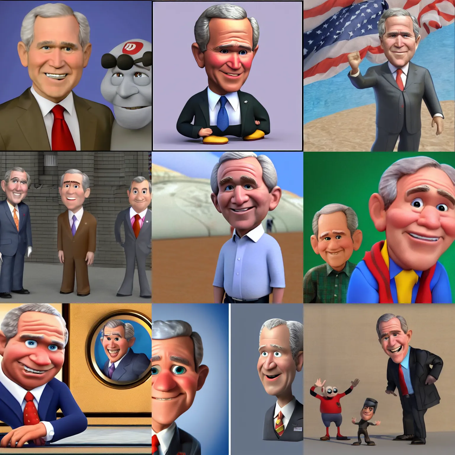 Prompt: george w bush as a 3 d rendered cartoon pixar dreamworks disney