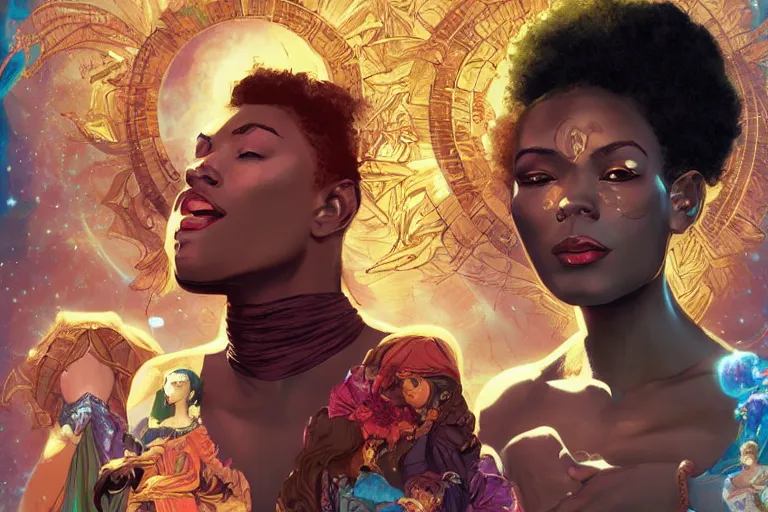 Image similar to black girl magic, powers and incantations in front of nebulae bursting, crisp digital painting by artgerm, by mucha by caravaggio and face by wlop