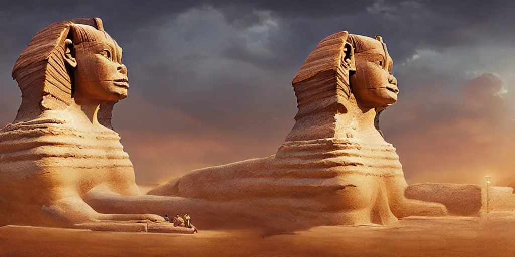 Image similar to never ending story sphinx, greg rutkowski, 8 k, shallow depth of field, moody lighting, golden hour, ultra high detail, concept art,