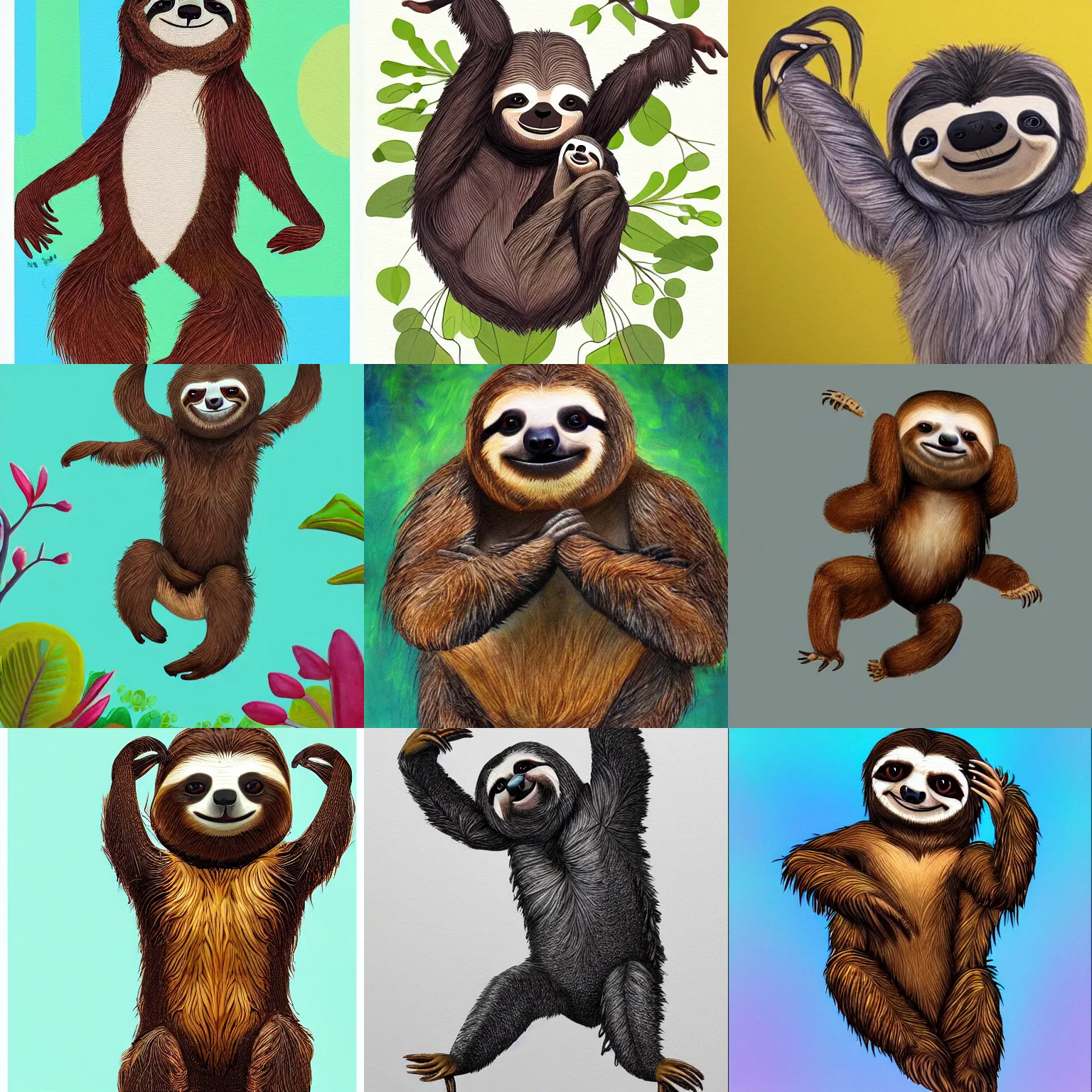 Image similar to beautiful art of a sloth dancing with joy, full body art, trending on ArtStation