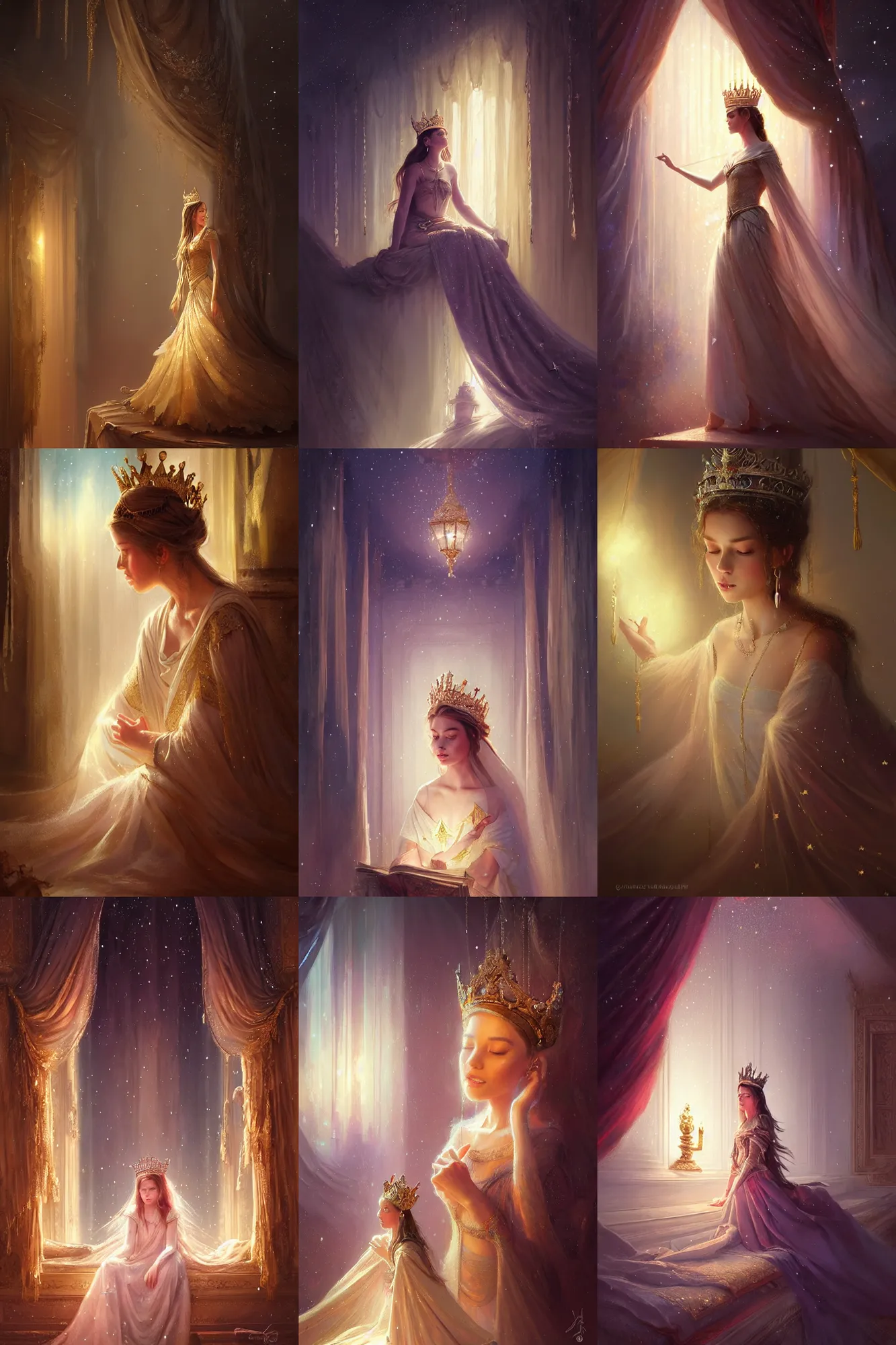 Prompt: a crowned princess looking at image portraits on museum walls with stars and hanging silk drapery and tapestries, light dust, magnificent, close up, sharp focus, elegant, highly detailed, illustration, by jordan grimmer greg rutkowski wlop maya takamura, intricate, trending artstation, pixiv, digital art