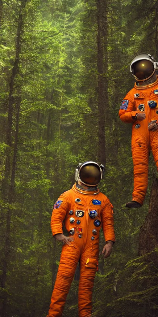 Image similar to american astronaut in orange suite, in the forest plants environment wide angle cinematic lighting atmospheric realistic octane render highly detailed in th