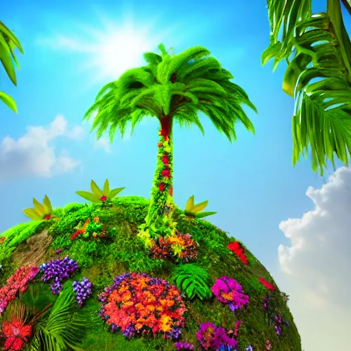 Prompt: Mother Nature with a crown made of flowers towering over a tropical island, 3D render HQ, 4K, UHD.