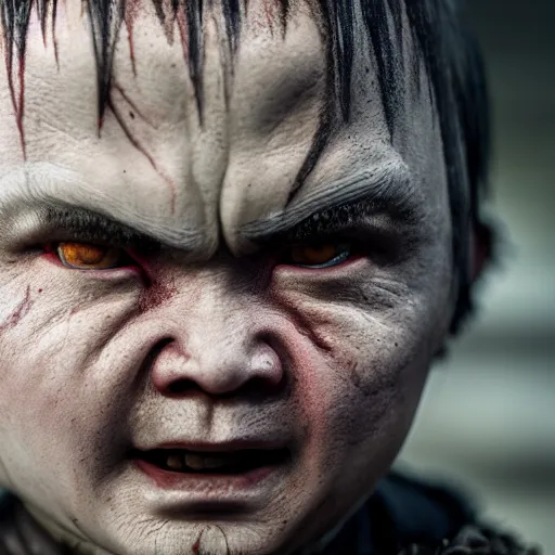 Image similar to justin sun as chucky in game of thrones, 4 k, epic, cinematic, focus, movie still, fantasy, serious, extreme detail, atmospheric, dark colour, sharp focus