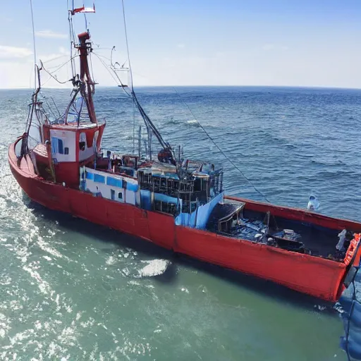 Image similar to very very realistic aerial drone shot of British fishing trawler