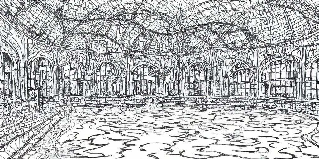 Image similar to lineart black and white indoor swimming pool with large blue archways, giant windows overlooking a garden, drawn with micron pen in the style of popular manga