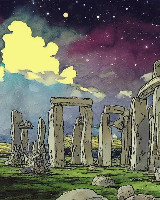 Image similar to a hyperrealist studio ghibli watercolor fantasy concept art. in the foreground is a giant grey octopus building and putting stones in to place on top of stonehenge with a starry sky. by rebecca guay, michael kaluta, charles vess