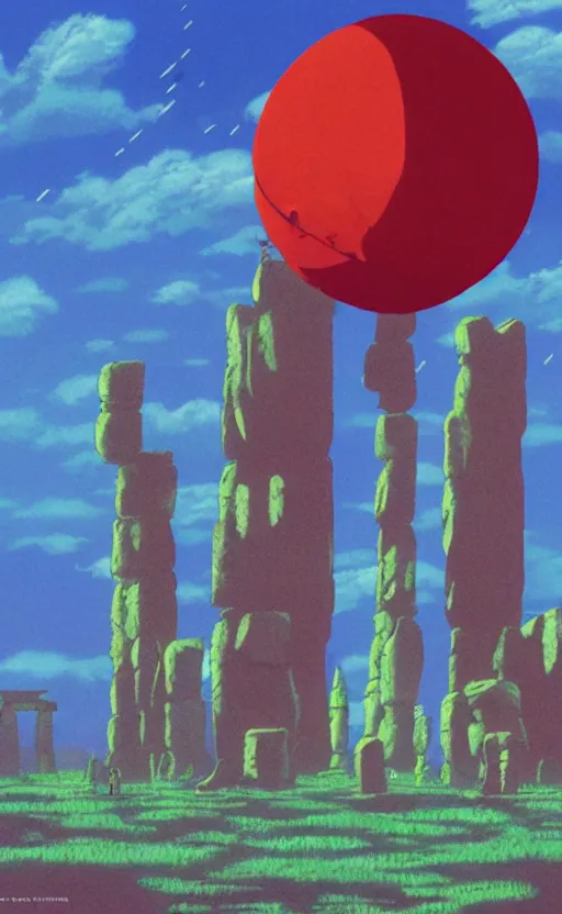 Image similar to a realistic cell - shaded studio ghibli concept art from paprika ( 2 0 0 6 ) of a flying multi - colored cube from close encounters of the third kind ( 1 9 7 7 ) in a flooded monument valley stonehenge jungle on a misty starry night. very dull colors, wide shot, hd, 4 k, hq