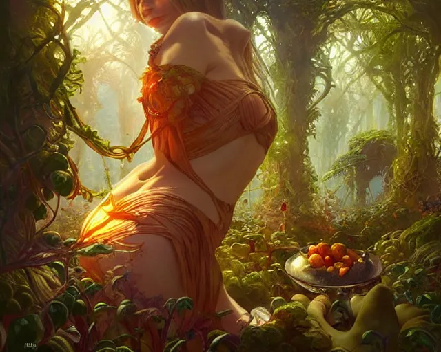 Image similar to drug acid trip forest garden giant vegetables, deep focus, d & d, fantasy, intricate, elegant, highly detailed, digital painting, artstation, concept art, matte, sharp focus, illustration, hearthstone, art by artgerm and greg rutkowski and alphonse mucha