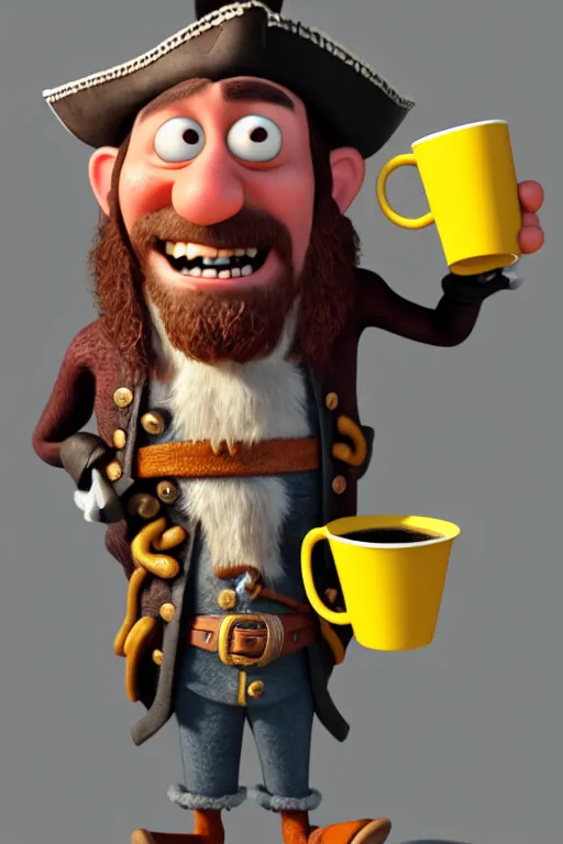 Image similar to portrait of the pirate blackbeard holding a cup of coffee, full body. pixar disney 4 k 3 d render funny animation movie oscar winning trending on artstation and behance. ratatouille style.