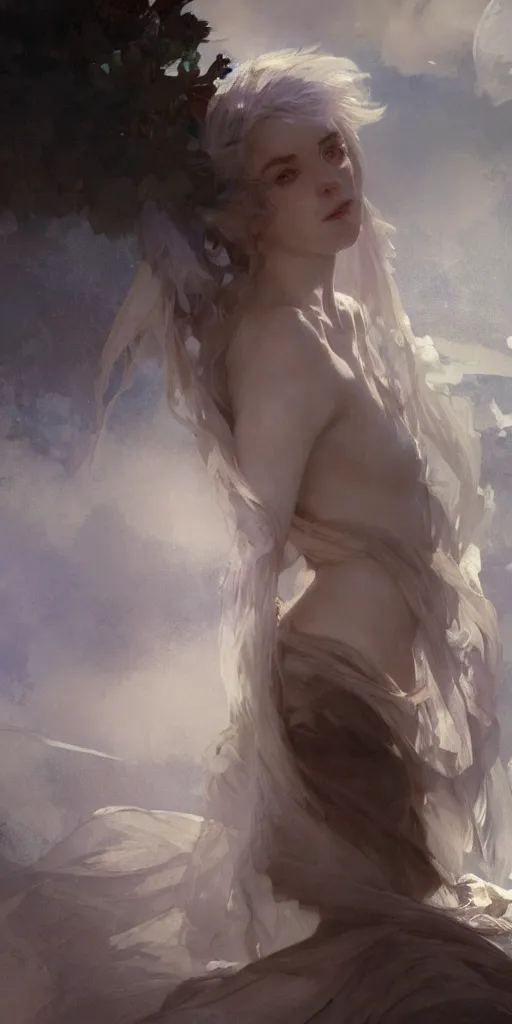 Image similar to a beautiful white haired young lady, with her toga floating about, artwork by jeremy mann and alphonse mucha, photo realistic, dynamic lighting, windy, artstation, poster, dreamy, volumetric lighting, ethereal, 4 k, high detail