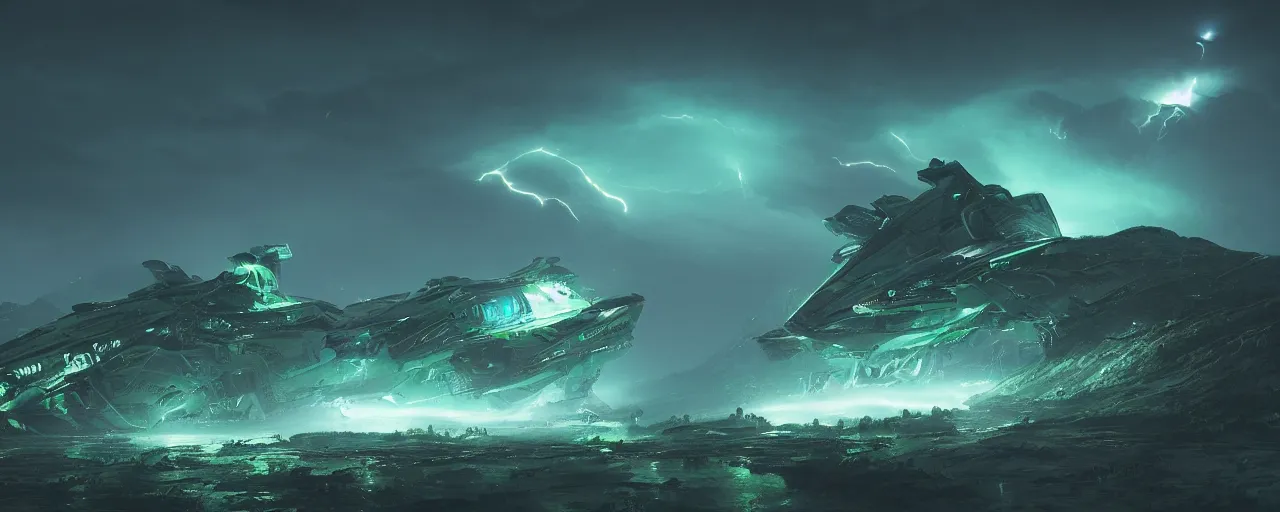 Prompt: an image of an alien bug like ship in the night on a mountain with green headlights on by Paul Chadeisson, atmospherical, heavy storm, lightnings , concept art, high detail, intimidating , cinematic, Artstation trending, octane render