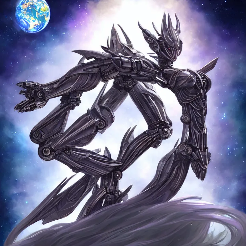 Image similar to goddess shot, galactic sized stunning beautiful anthropomorphic robot mecha female dragon, in space, larger than planets, posing elegantly, holding earth in sharp claws, detailed silver armor, epic proportions, epic scale, ultra detailed digital art, furry art, macro art, dragon art, giantess art, warframe fanart, furaffinity, deviantart, realistic