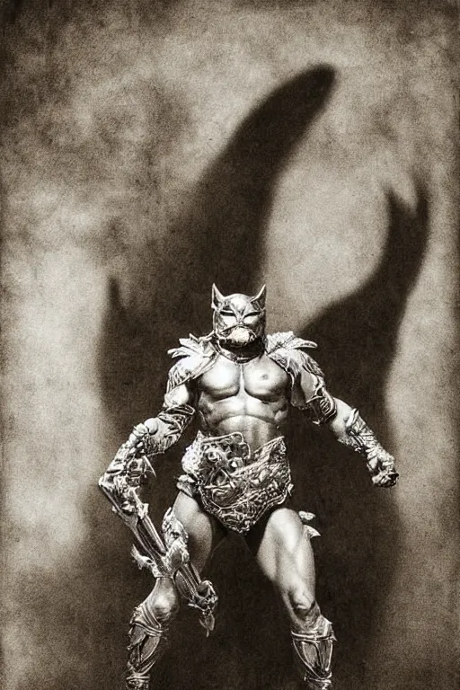 Image similar to battle cat from masters of the universe, portrait, full body, symmetrical features, silver iodide, 1 8 8 0 photograph, sepia tone, aged paper, sergio leone, master prime lenses, cinematic