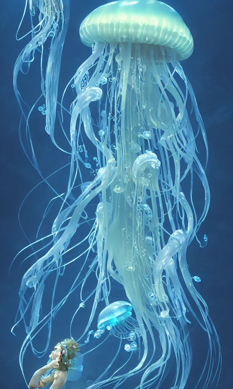 Image similar to detailed jellyfish, blue tones, underwater, full frame, highly detailed, digital painting, artstation, concept art, smooth, sharp focus, illustration, art greg rutkowski and alphonse mucha