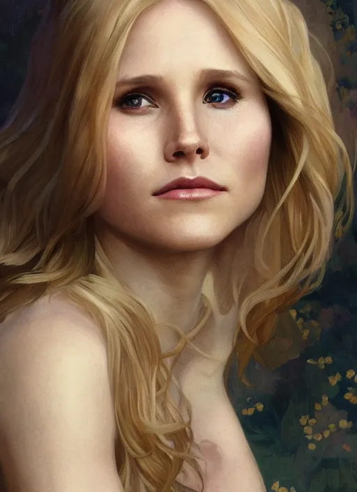 Image similar to beautiful portrait of kristen bell, soft features, by magali villeneuve and greg rutkowski and artgerm and alphonse mucha and jeremy lipkin and rob hay, intricate, elegant, highly detailed, photorealistic, trending on artstation, trending on cgsociety, 8 k, sharp focus