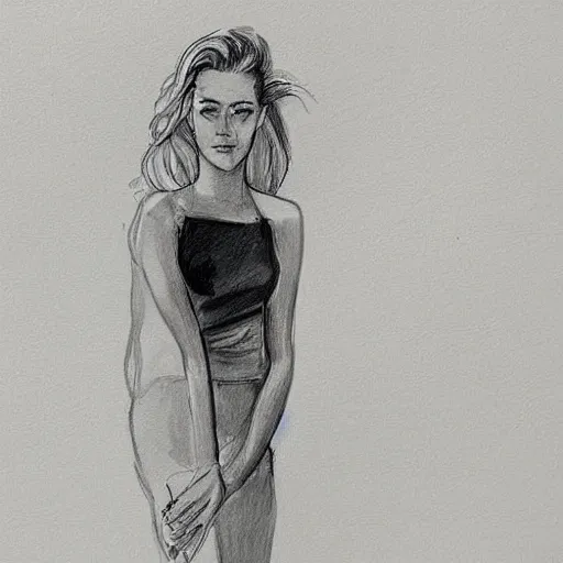 Image similar to courtroom sketch of amber heard standing on top of a bed, knees slightly bent, a brown object is underneath her