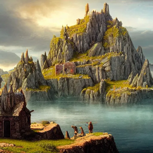 Prompt: a beautiful and highly detailed matte painting of a colorful yet humble viking temple and fort built of large stones in the distance high in the most epic mountains ever, intricate details, epic scale, insanely complex, 8 k, sharp focus, hyperrealism, very realistic, by caspar friedrich, greg rutowski, james gurney, hudson river school